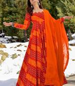Orange red digital print heavy rayon anarkali suits