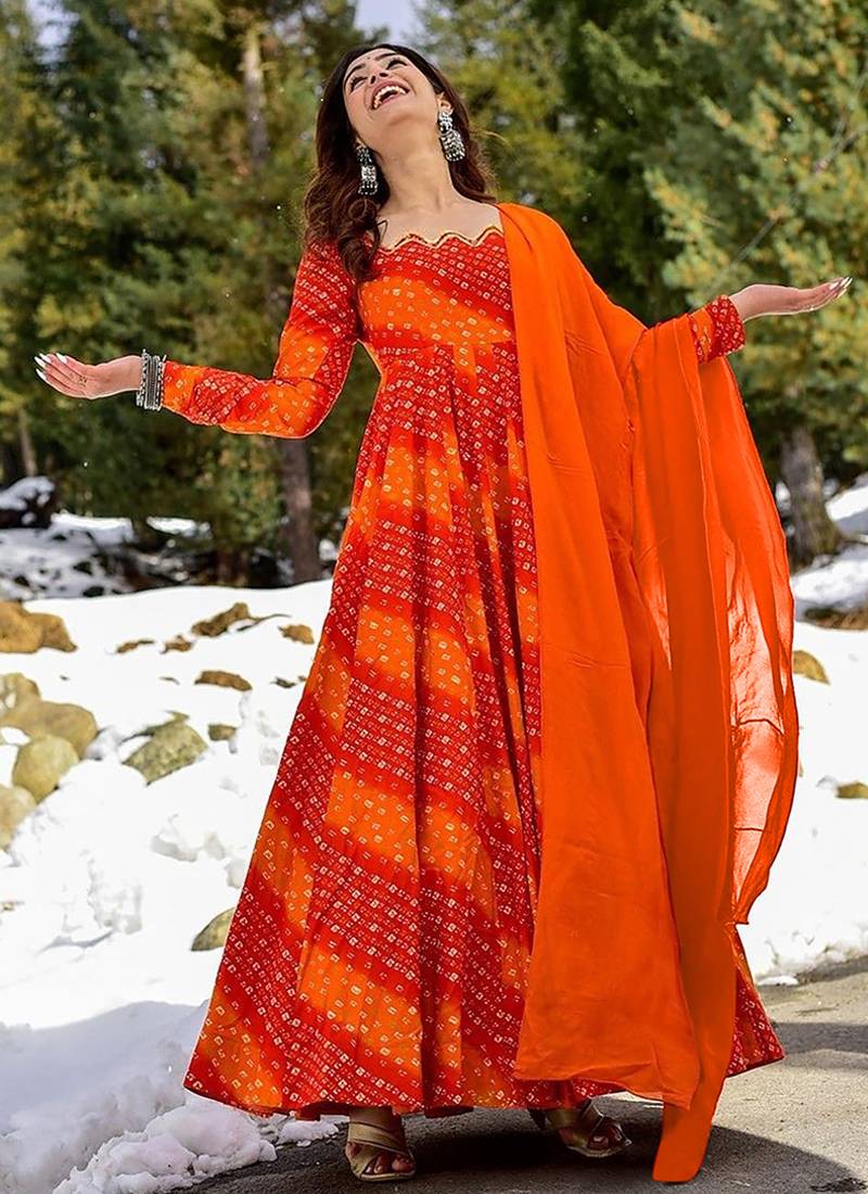 Orange red digital print heavy rayon anarkali suits