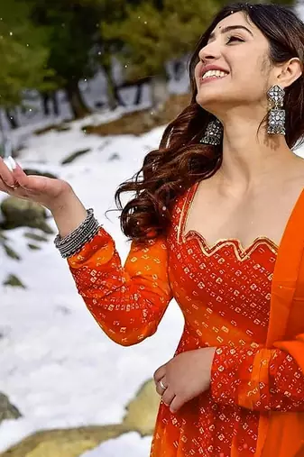 Orange red digital print heavy rayon anarkali suits