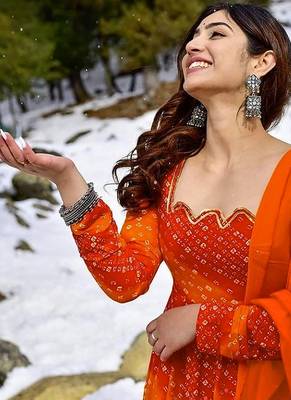 Orange red digital print heavy rayon anarkali suits 3