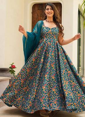 Teal blue heavy digital printed silk gown style 1