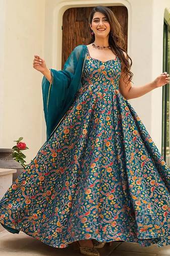 Teal blue heavy digital printed silk gown style