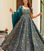 Teal blue heavy digital printed silk gown style