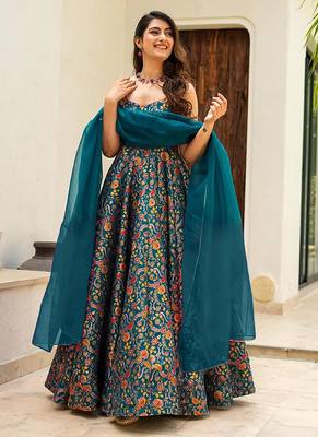 Teal blue heavy digital printed silk gown style 2