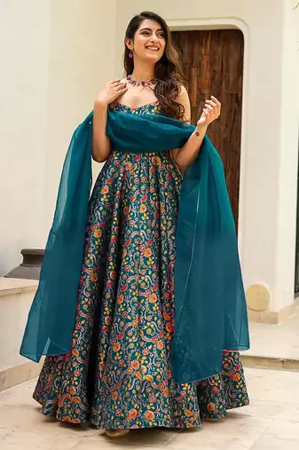 Teal blue heavy digital printed silk gown style