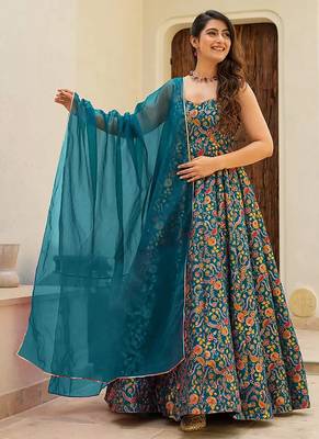 Teal blue heavy digital printed silk gown style 4