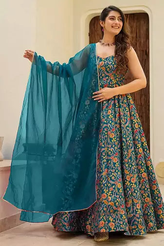 Teal blue heavy digital printed silk gown style