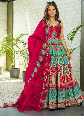 Red heavy digital printed silk gown style 1