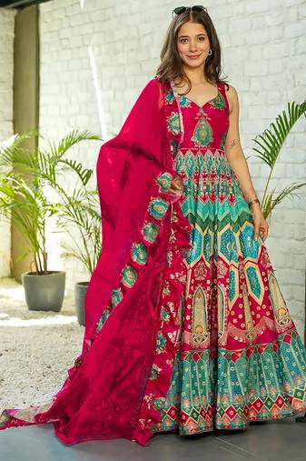 Red heavy digital printed silk gown style