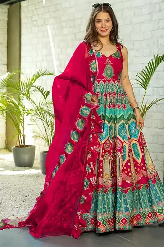 Red heavy digital printed silk gown style
