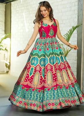 Red heavy digital printed silk gown style 2