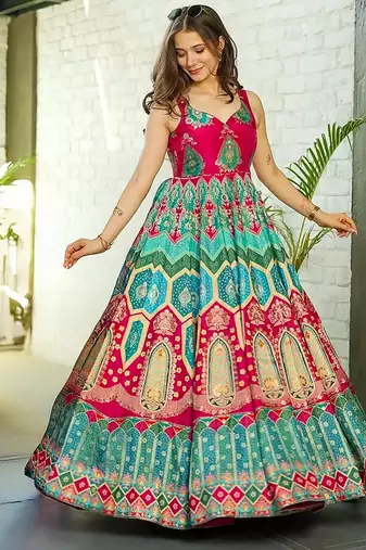 Red heavy digital printed silk gown style