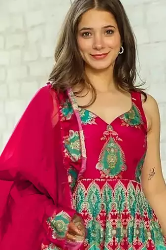Red heavy digital printed silk gown style