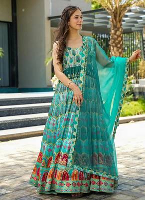 Sky blue heavy digital printed silk gown style 1