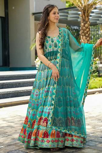 Sky blue heavy digital printed silk gown style