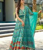 Sky blue heavy digital printed silk gown style