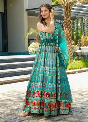 Sky blue heavy digital printed silk gown style 2