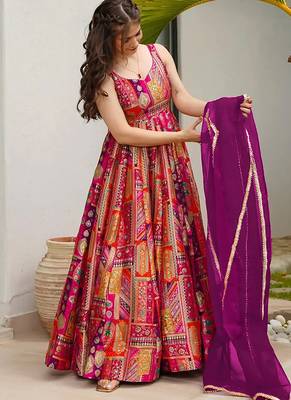 Pink heavy digital printed silk gown style 2