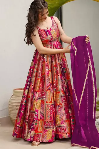 Pink heavy digital printed silk gown style