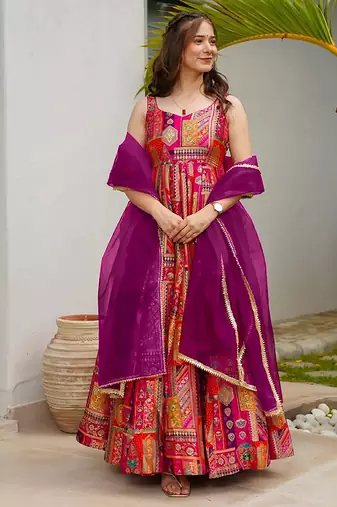 Pink heavy digital printed silk gown style