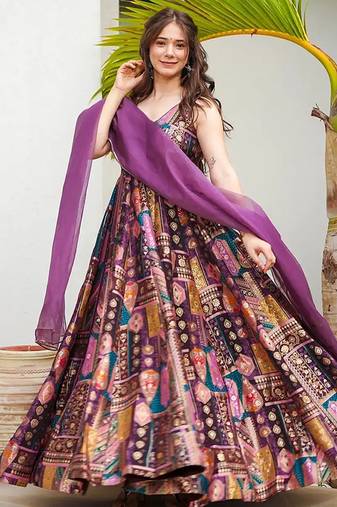 Purple heavy digital printed silk gown style