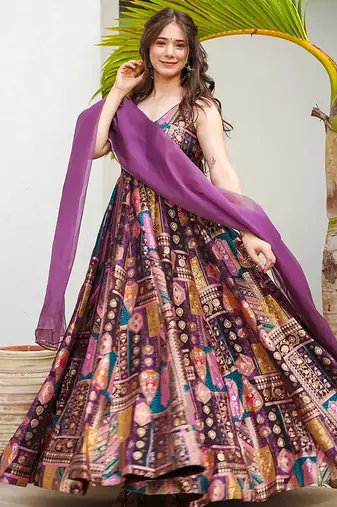 Purple heavy digital printed silk gown style