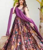 Purple heavy digital printed silk gown style