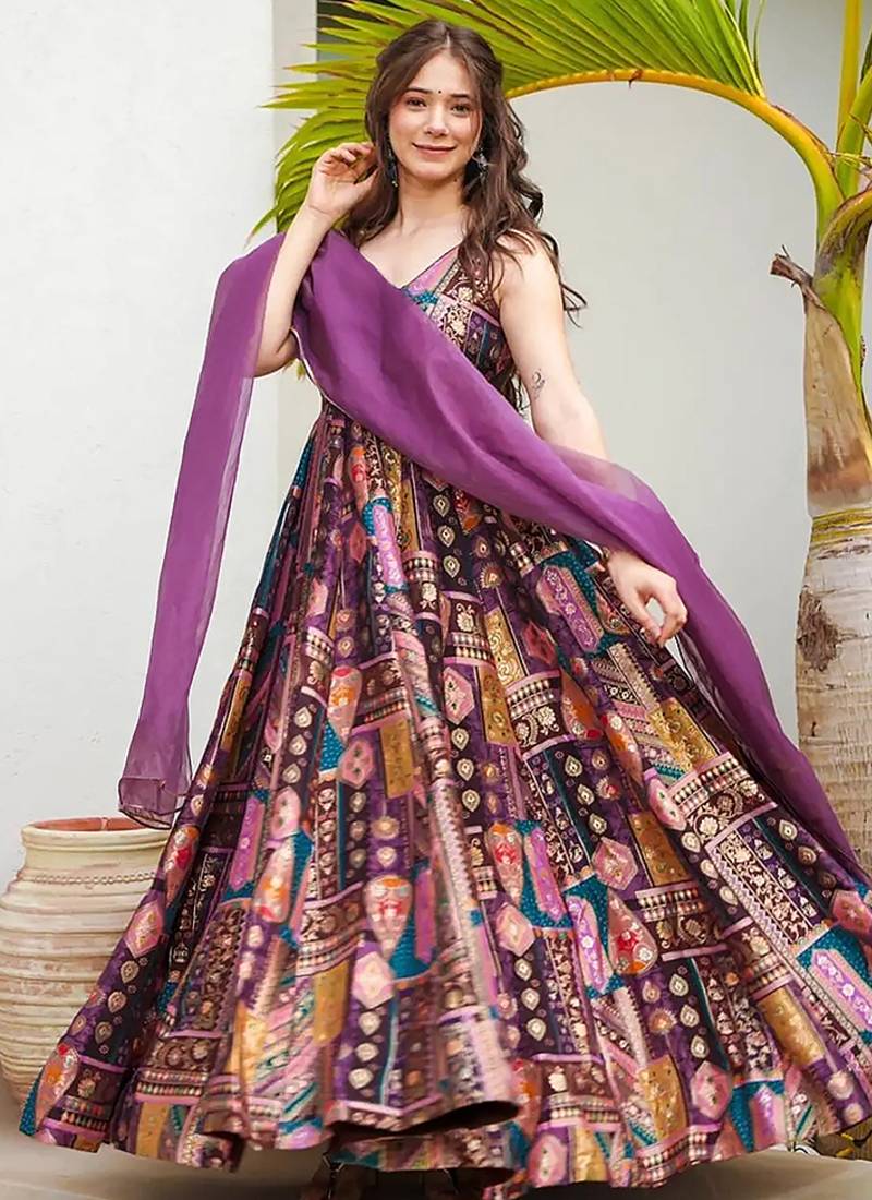 Purple heavy digital printed silk gown style