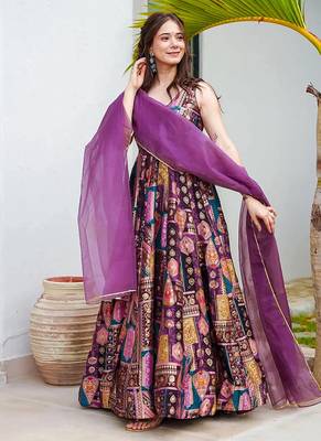 Purple heavy digital printed silk gown style 2