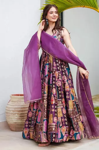 Purple heavy digital printed silk gown style