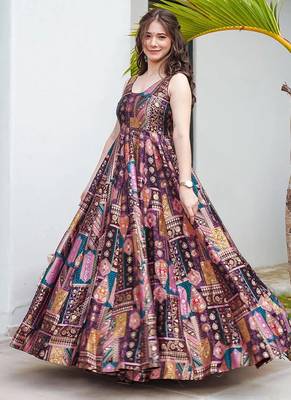 Purple heavy digital printed silk gown style 3