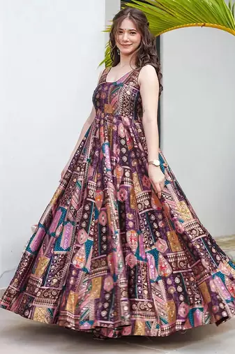 Purple heavy digital printed silk gown style