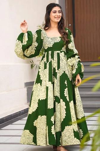 Green heavy digital printed heavy rayon  gown style