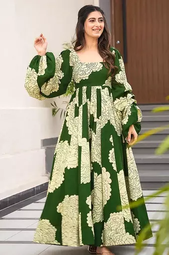 Green heavy digital printed heavy rayon  gown style