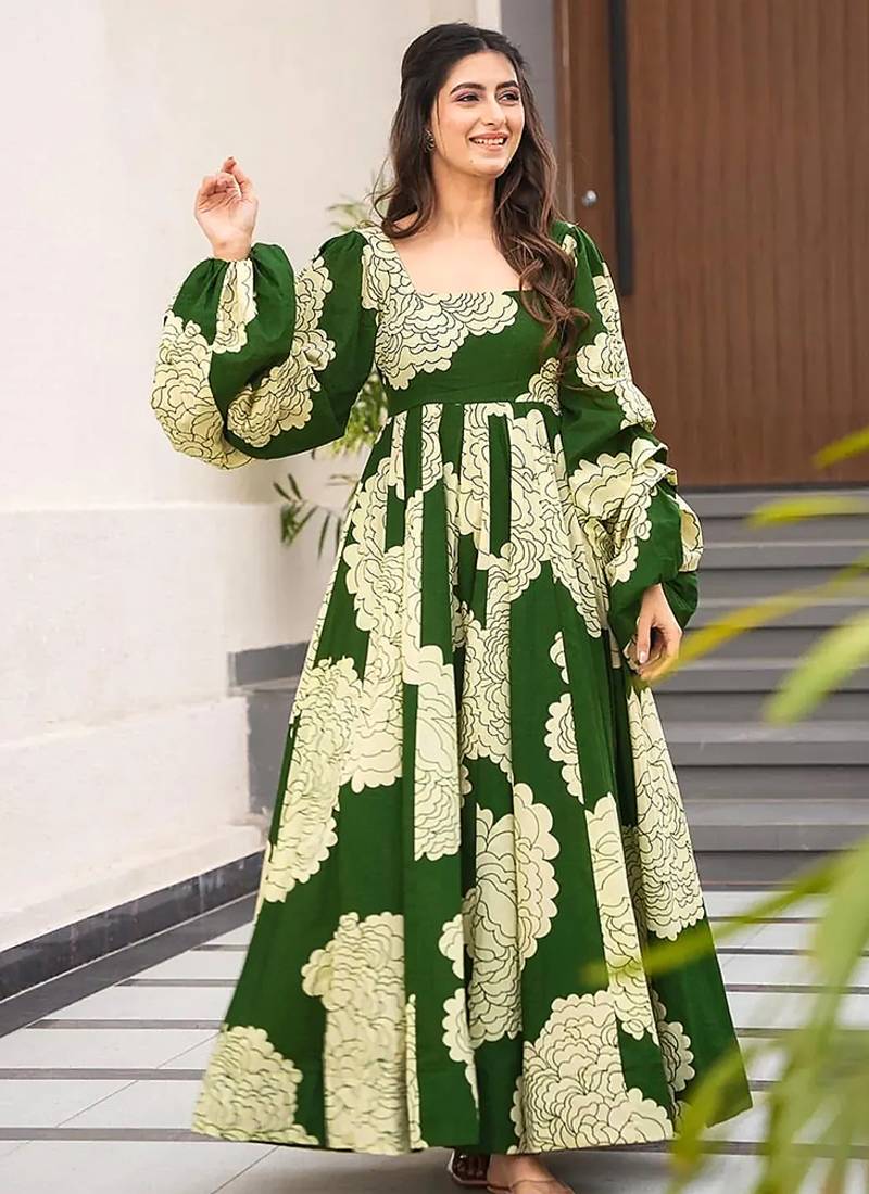 Green heavy digital printed heavy rayon  gown style