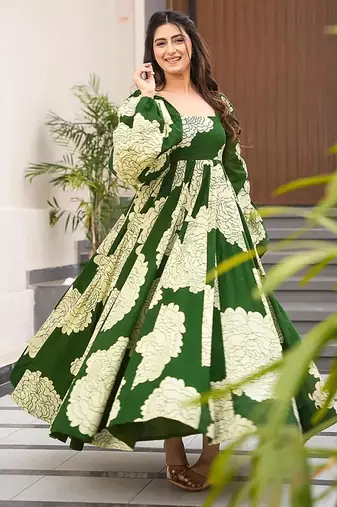 Green heavy digital printed heavy rayon  gown style