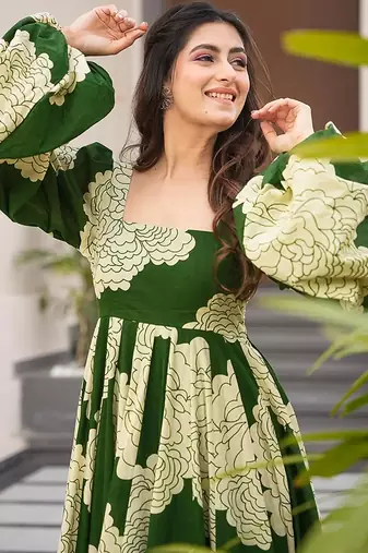 Green heavy digital printed heavy rayon  gown style