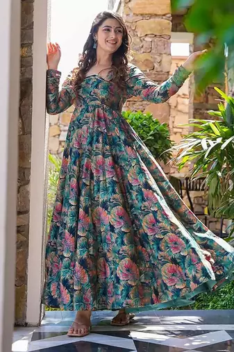 Multicolor heavy digital printed heavy rayon  gown style