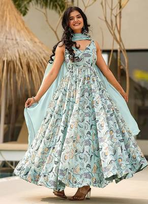 Sky blue heavy digital printed heavy rayon  gown style 1