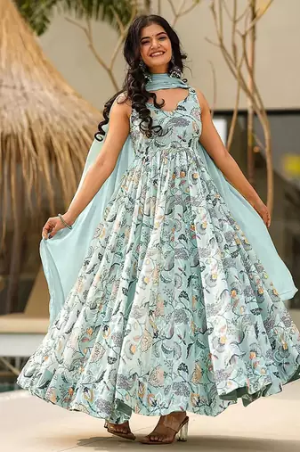 Sky blue heavy digital printed heavy rayon  gown style