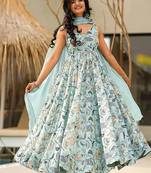 Sky blue heavy digital printed heavy rayon  gown style