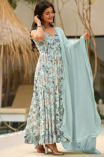 Sky blue heavy digital printed heavy rayon  gown style