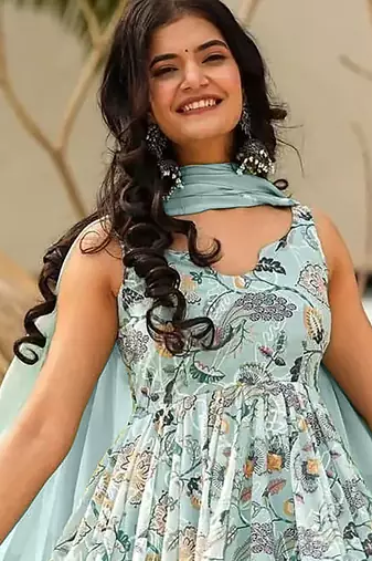 Sky blue heavy digital printed heavy rayon  gown style