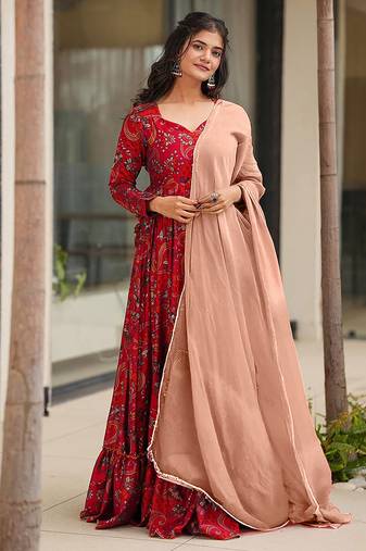 Red heavy digital printed heavy rayon  gown style