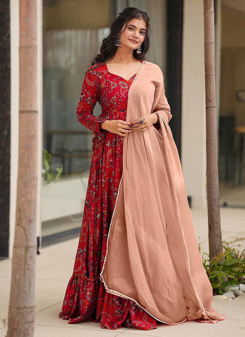 Red heavy digital printed heavy rayon  gown style