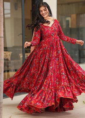 Red heavy digital printed heavy rayon  gown style 2