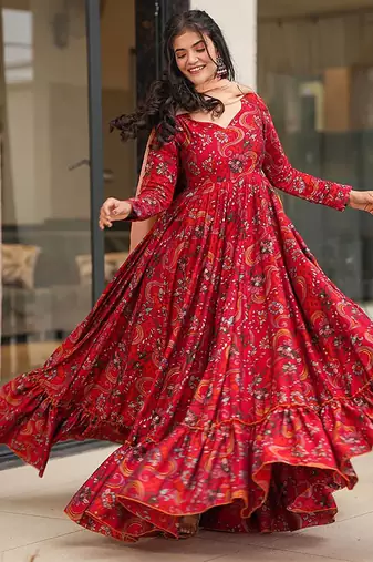 Red heavy digital printed heavy rayon  gown style