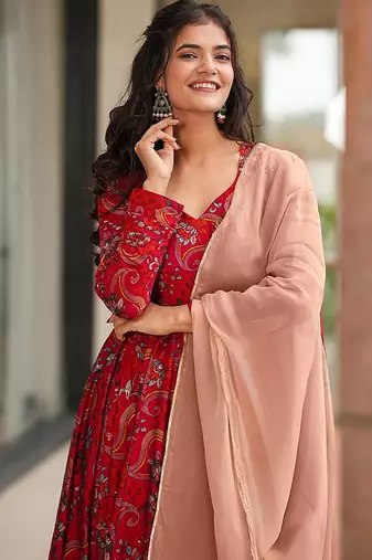 Red heavy digital printed heavy rayon  gown style