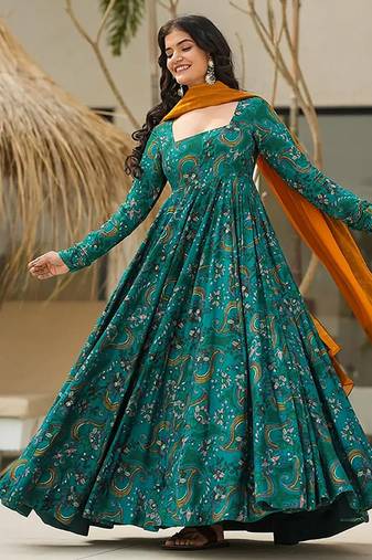 Teal blue heavy digital printed heavy rayon  gown style