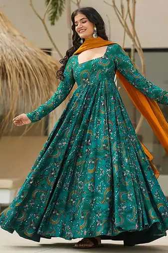 Teal blue heavy digital printed heavy rayon  gown style